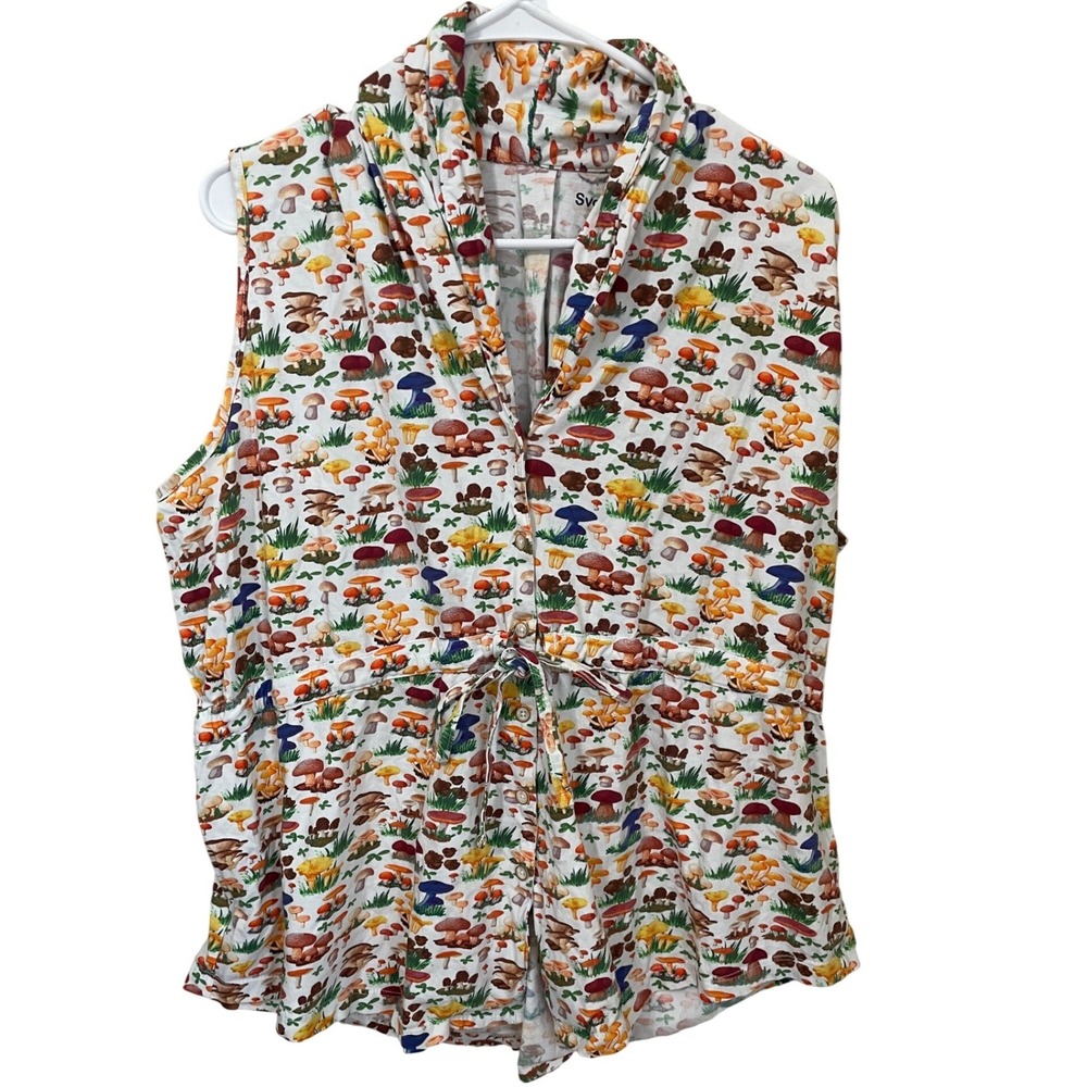 Svaha 2XL Cotton Mushroom Print Sleeveless Button Down Top Cottage Teacher Twee